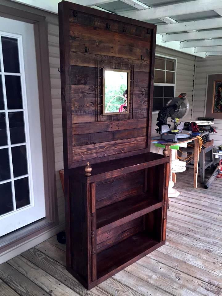 wooden pallet hall tree with built in shelves and mirror