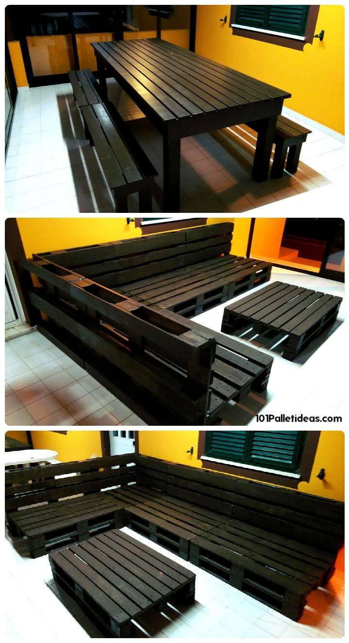 repurposed black stained pallet sofa and dining set