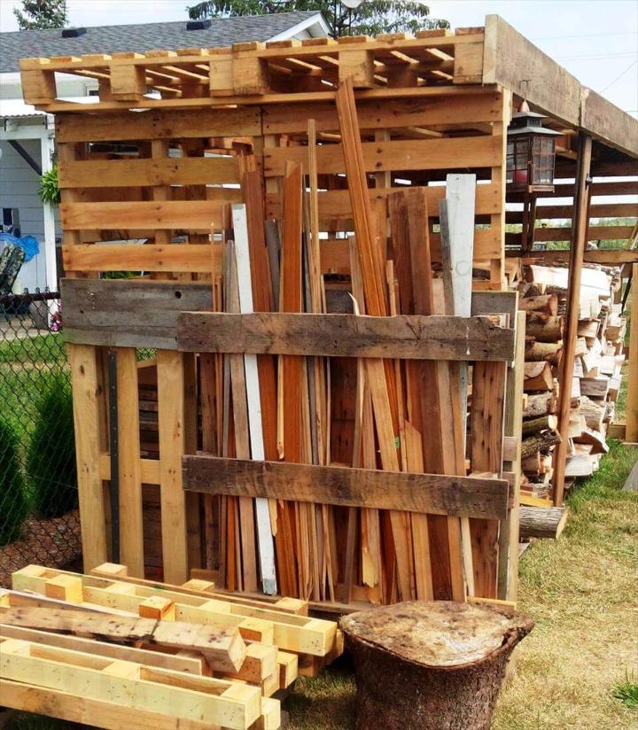 handcrafted wooden pallet firewood shed