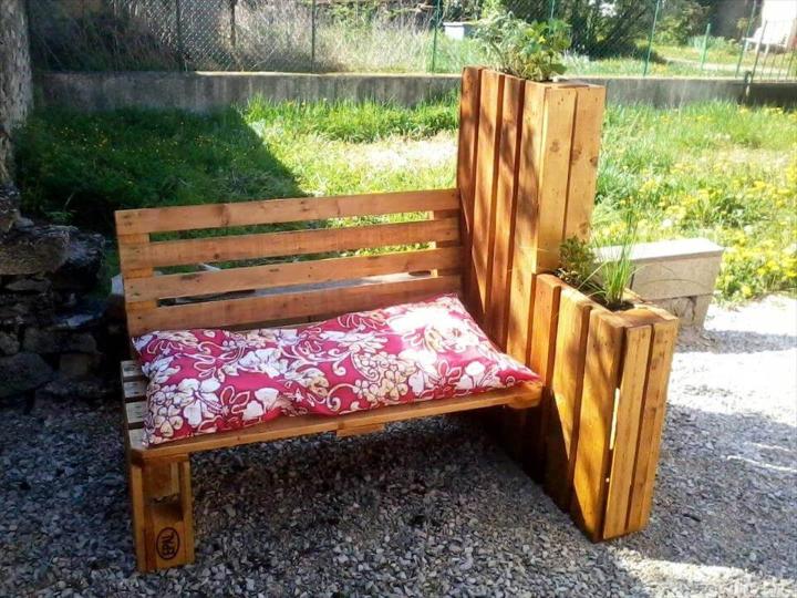 sturdy wooden pallet outdoor bench with built-in planters