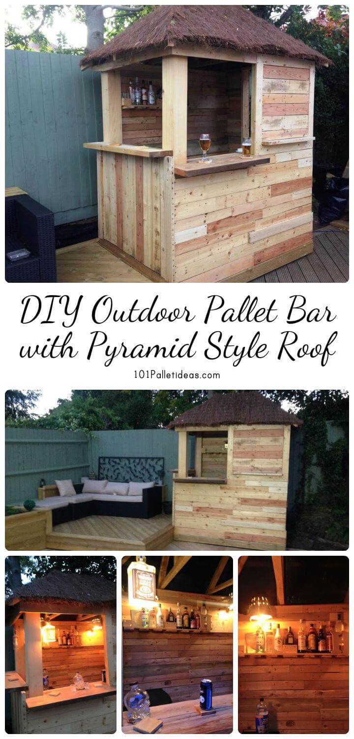 DIY Outdoor Pallet Bar with Pyramid Style Roof - Easy Pallet Ideas