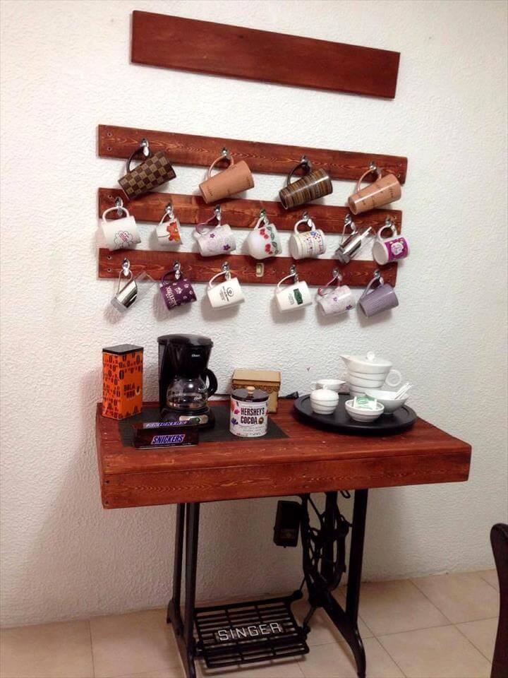 recycled pallet and old sewing machine base coffee station