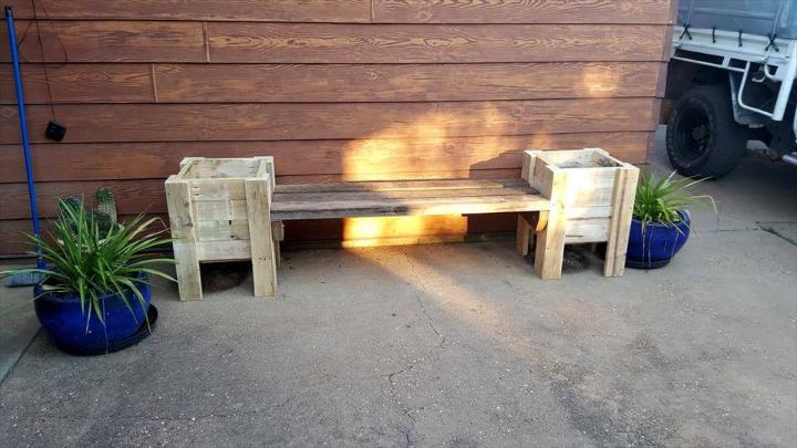 rustic wooden bench seat and planters made of pallets