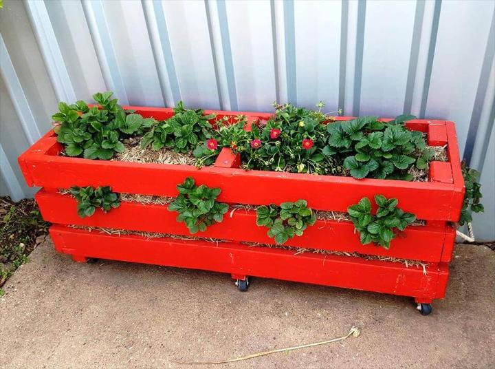 red painted pallet strawberry planter box