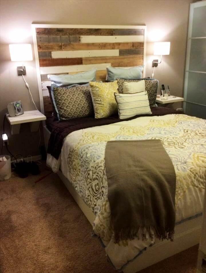 repurposed wooden pallet headboard and floating tables