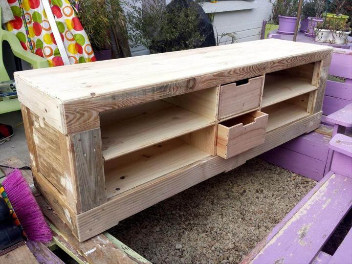 rustic yet modern pallet TV stand with custom built in storage options
