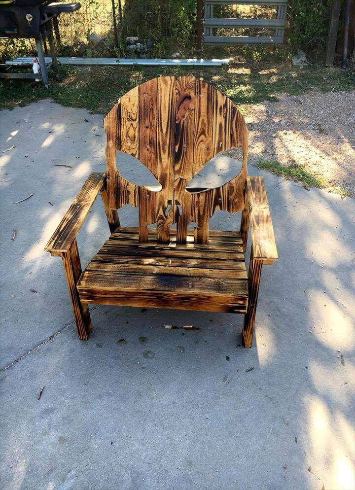 repurposed pallet Adirondack chair with skull backrest