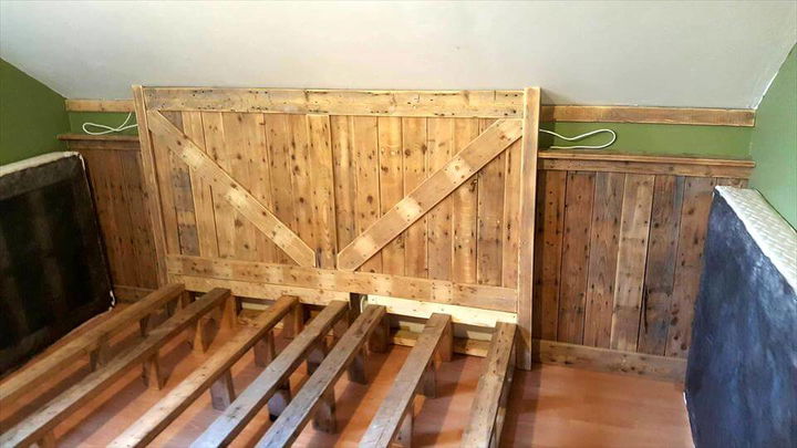 upcycled pallet bed with solid wooden headboard and footboard