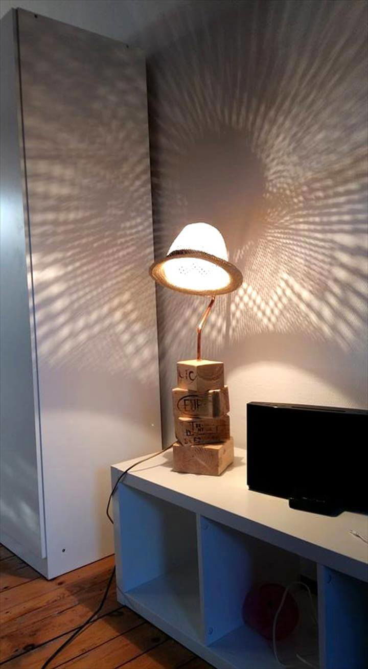 chopped pallet and old hat table lamp