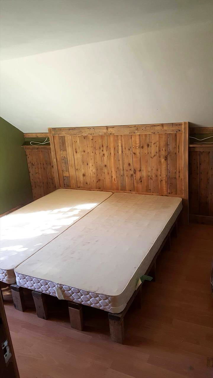 DIY Robust wooden pallet bed with headboard and white foam mattress