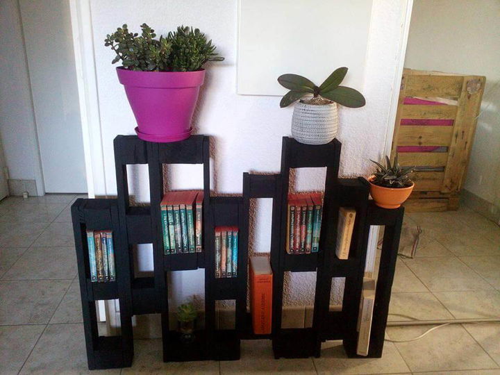 hand-built wooden pallet bookshelf and pot organizer