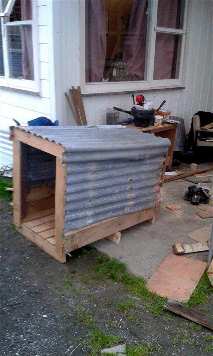 reclaimed pallet dog kennel with metal roof