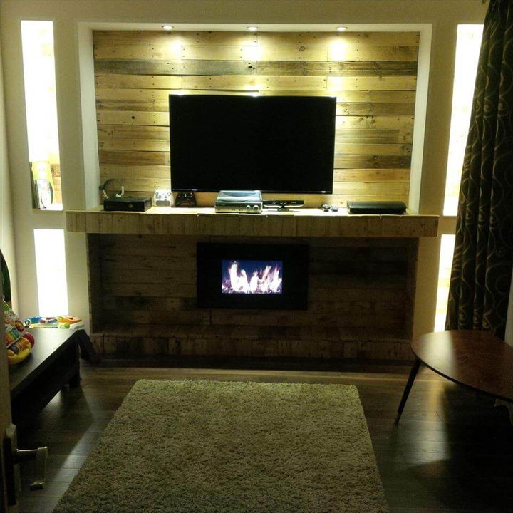 recycled pallet fireplace mantel media wall