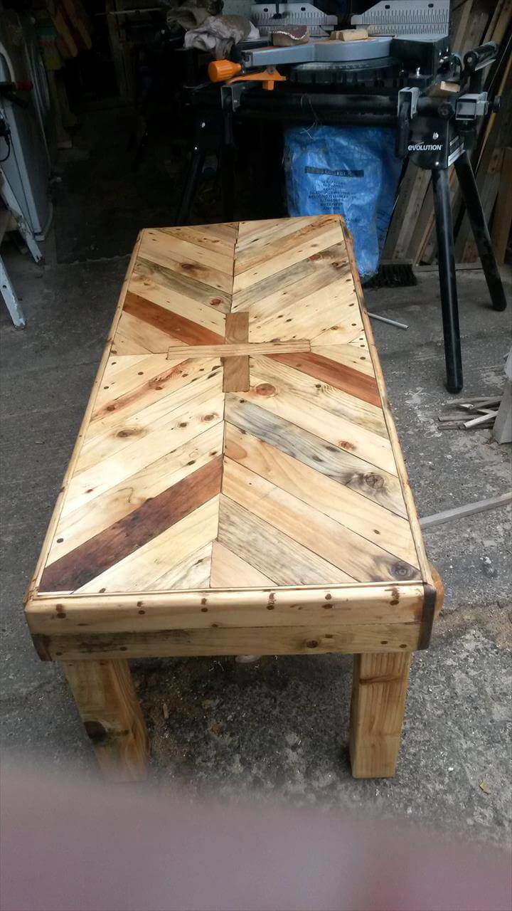 long chevron coffee table made of pallets