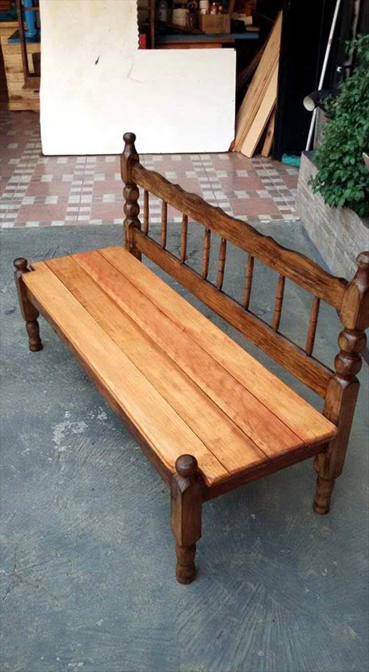 upcycled vintage old bed into pallet bench