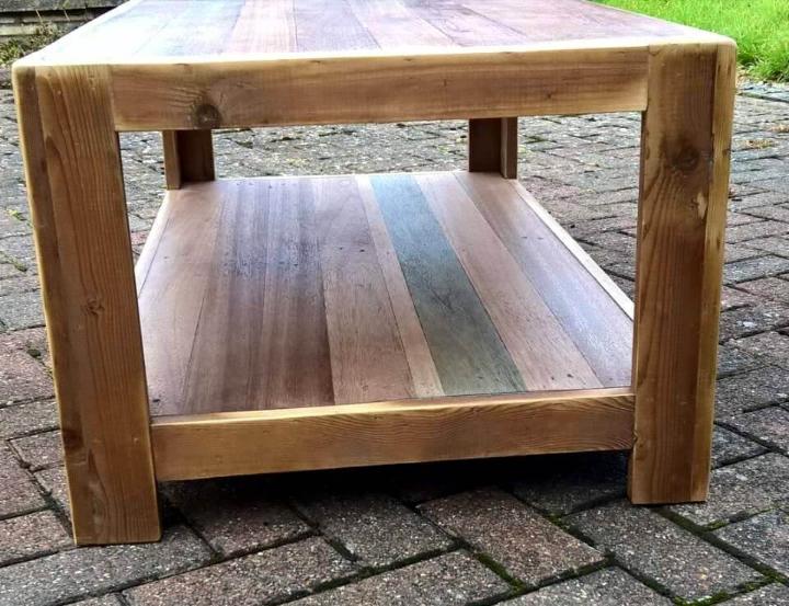 handcrafted wooden pallet end table with shelf underneath