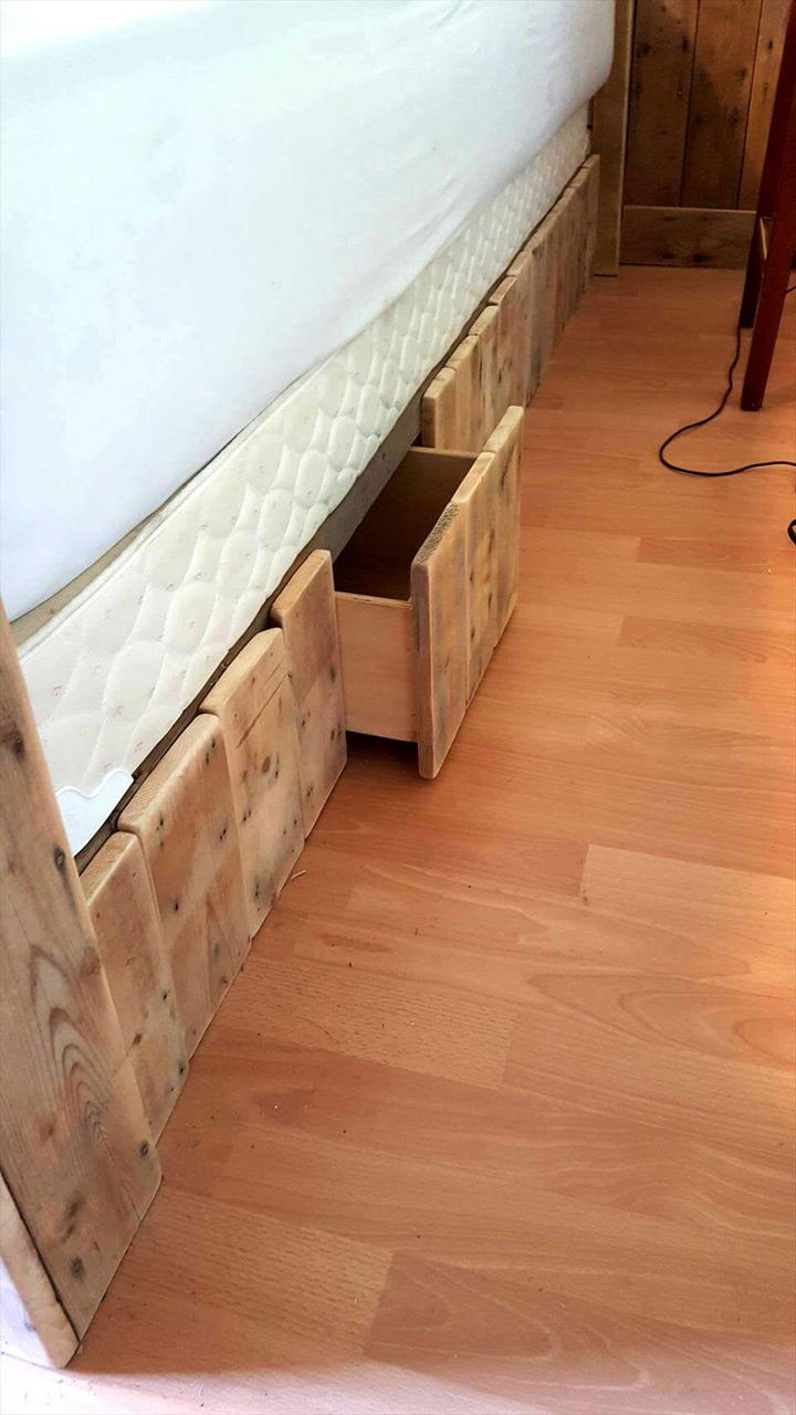 no-cost wooden pallet bed with built-in drawers