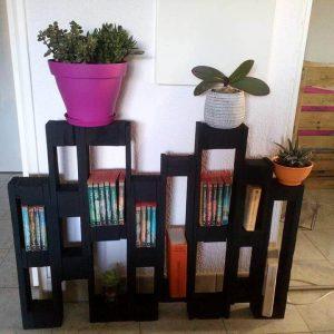 hand-built wooden pallet bookshelf and pot organizer