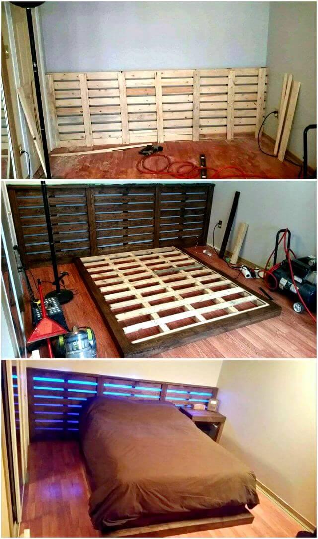 DIY Platform Pallet Bed with Lights &amp; XL Headboard - Easy ...