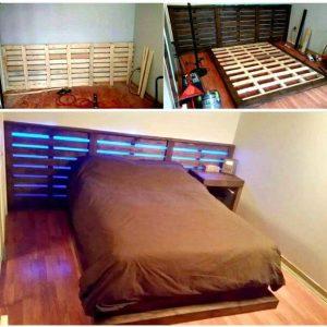 DIY platform pallet bed with lights and XL headboard - Pallet Furniture Ideas - Pallet Ideas - Pallet Projects